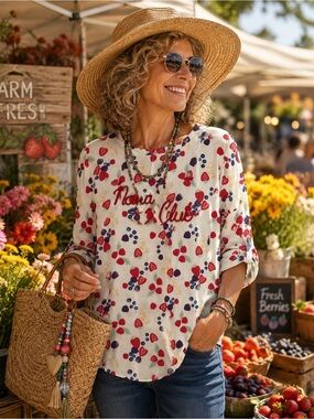 NWT Feeling Festive Cream Fruit Print Nana Club Long Sleeve Top Size XL